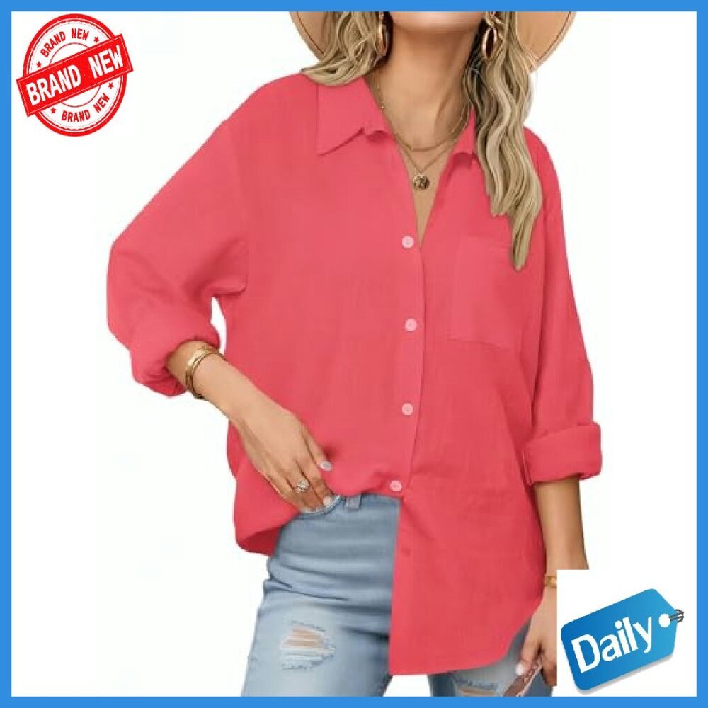 Oversized Button Down Shirt Wrinkle Free Long Sleeve Blouse with Pockets - Picture 2 of 7